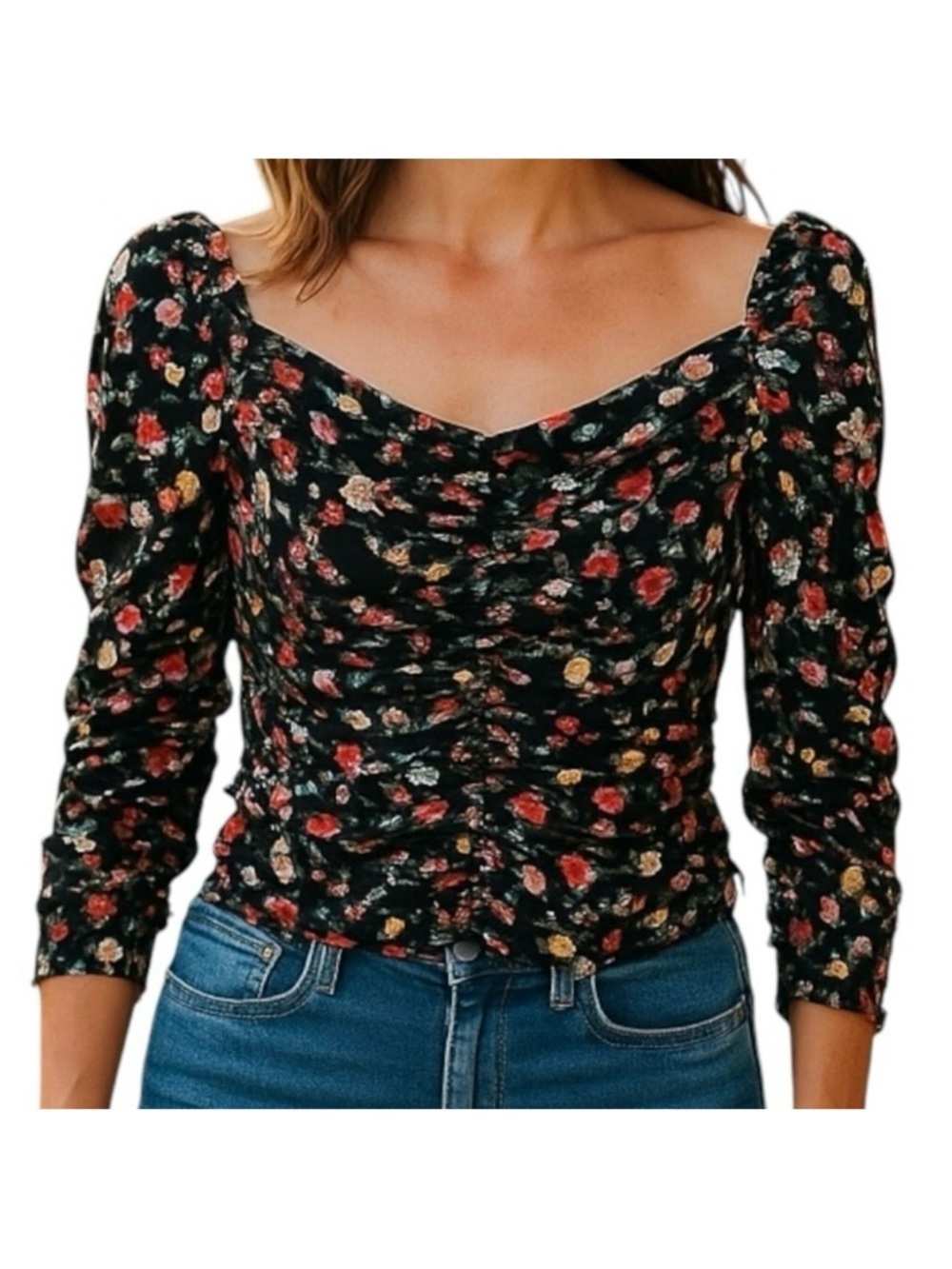 ZARA Blouse Limited edition Multicolor Ruched Long sleeves Floral Size XS